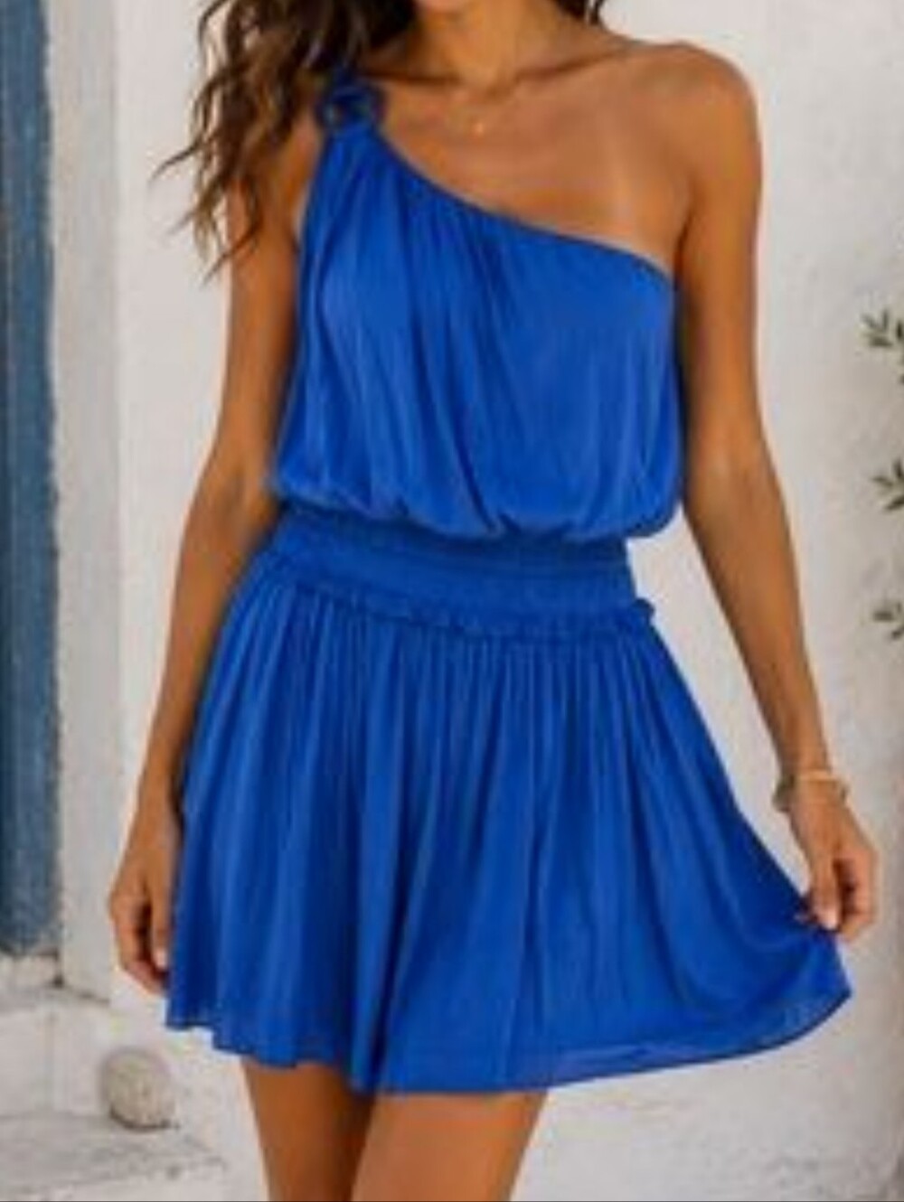 DO+BE Royal Blue One-Shoulder Smocked Waist Dress